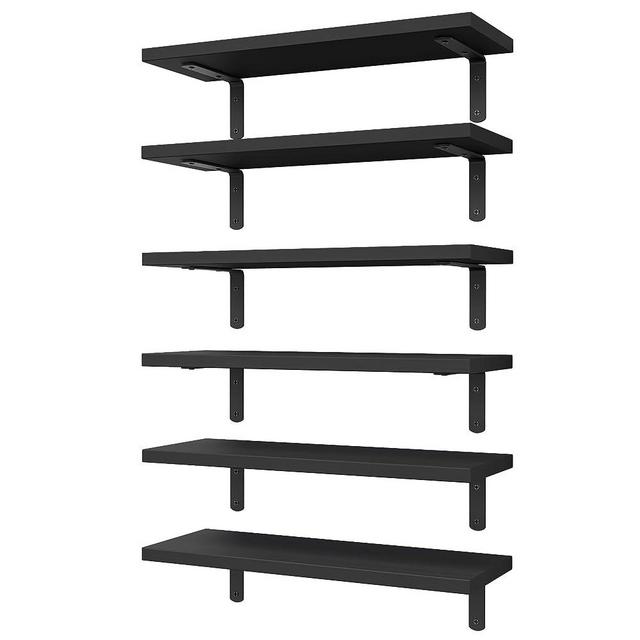 WOPITUES Floating Shelves Set of 6, Wood Floating Shelves Wall Mounted, Rustic Farmhouse Floating Shelf for Wall Decor, Bathroom Shelves for Wall, Book Wall Shelves for Living Room-Black