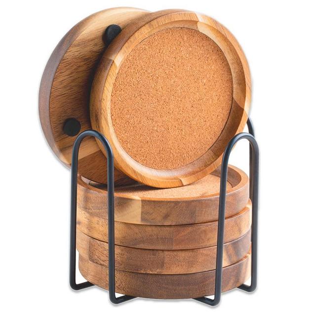 Wood Coasters for Drinks Absorbent with Holder, Acacia Wood Cork Coaster Rustic Coasters for Coffee Table Wooden Table Coasters for Farmhouse Desk Extra Large Coasters, Set of 6