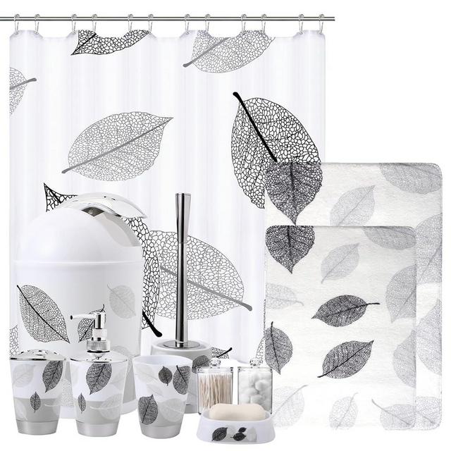 Grey Bathroom Accessories Set with Grey Leaves Shower Curtain,12 PCS Bath Sets with Trash Can, Toothbrush Holder, Cup, Lotion Dispenser, Tray, Soap Dish, Toilet Brush, Qtip Holder
