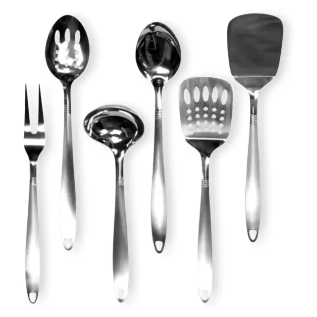 Chef Craft 6pc Stainless Steel Kitchen Cooking Tool Set - Solid Turner, Slotted Turner, Basting Spoon, Slotted Spoon, Serving Fork & Ladle Silver