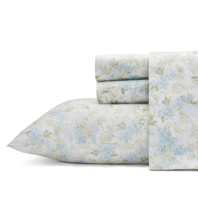 Laura Ashley Home - Queen Sheets, Soft Sateen Cotton Bedding Set - Sleek, Smooth, & Breathable Home Decor (Rena Teal, Queen)