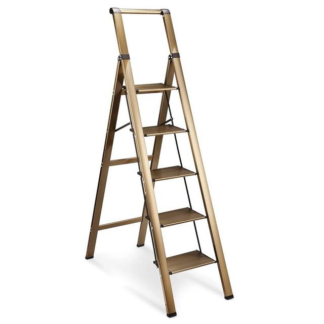 HBTower 5 Step Ladder, Aluminum Ladder with Handrails, Folding Step Stool for Adults, 330LBS Capacity Sturdy& Portable Ladder for Home Kitchen Library Office, Champagne Gold