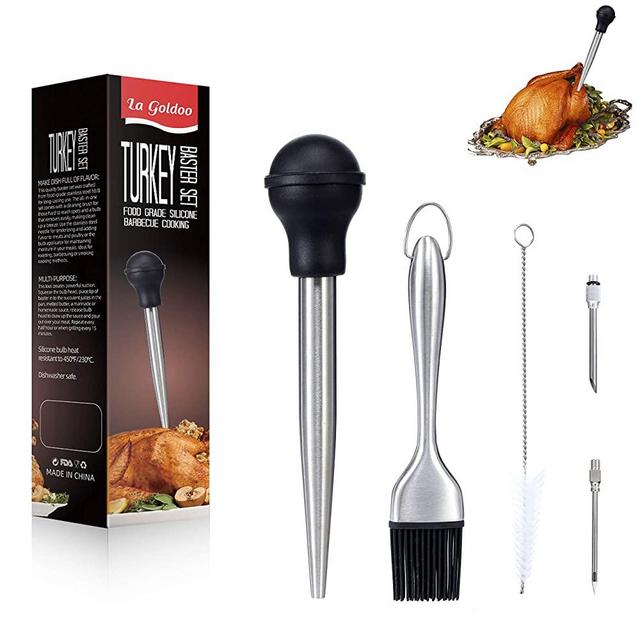 LaGoldoo Turkey Baster 5 Pcs Set, Turkey Basters for Cooking, Stainless Steel Baster Syringe, Silicone Brush, 2x Pump Flavor Injectors and Cleaning Brush. Ideal for Meat & Poultry Roasting. (Black)