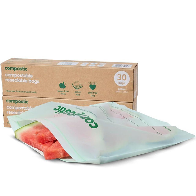 Compostic Home Compostable Resealable Gallon Bags (10.5"x10.5"), Microwave & Freezer Safe, Organic Food Storage Container, 60 Count (30 per box)