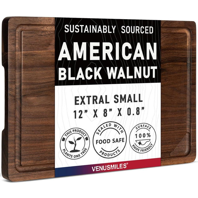 American Black Walnut Cutting Board for Kitchen (12”x8”x0.8”) Pre-Oiled Wooden Chopping Board Walnut End Grain with Juice Groove & Handlers, Reversible Butcher Block