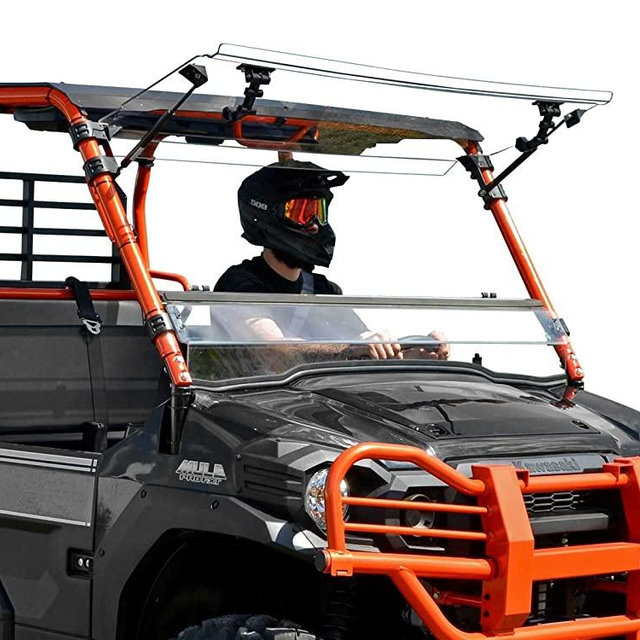 SuperATV Heavy Duty Scratch Resistant 3-in-1 Flip Windshield for Kawasaki Mule Pro FXT / FX / DXT / DX (2015+) - Set to Vented, Closed, or Open - Easy to Install - 250 Times Stronger Than Glass