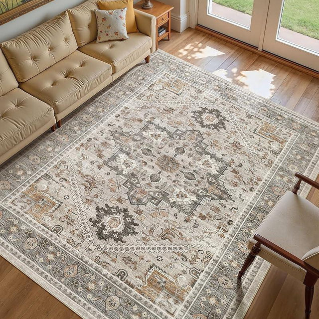Micgeek 8x10 Vintage Area Rug: Washable Neutral Soft Non Slip Thin Large Floor Carpet for Living Room Bedroom Kitchen Dining Room Home Office Farmhouse Indoor - Taupe