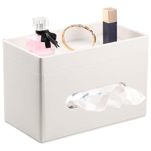 LAMOTI Rectangular Tissue Box Cover with Storage Tray, Leather Facial Tissue Box Holder for Bathroom, Office Table, Countertop, Night Stand & More (White)