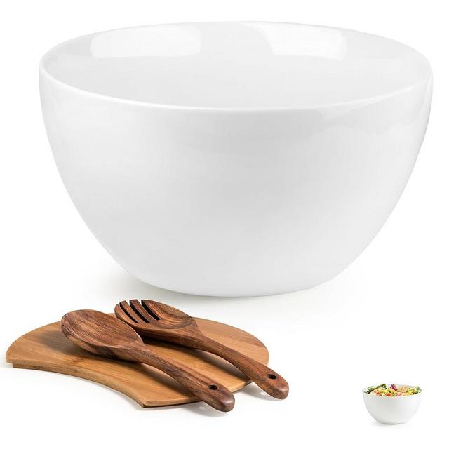 LAUCHUH 5 Quarts Porcelain Serving Bowl with Lid 10.7" Extra Large Serving Deep Bowl with Spoon and Fork Mixing Bowls Set for Salad, Preparing, Pasta, Popcorn, Chips, Fruit, Vegetables