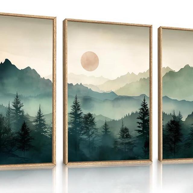 LHIUEM Large Boho Mountain Framed Wall Art Set,Watercolor Pine Tree Wall Painting,Abstract Foggy Green Forest Artwork,Modern Nature Sunrise Wall Decor for Living Room,Bedroom,Office-16 x24 x3