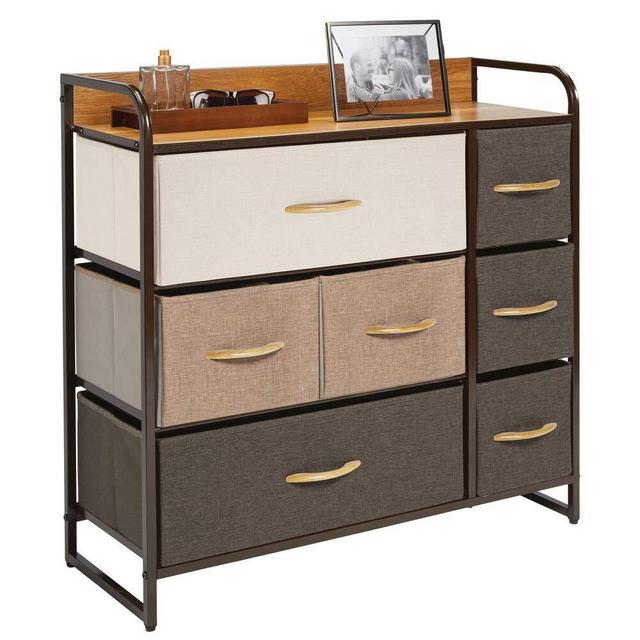 mDesign Wide Dresser Storage Chest, Sturdy Steel Frame, Wood Top, Easy Pull Fabric Bins - Organizer Unit for Bedroom, Hallway, Entryway, Closet - Textured Print, 7 Drawers - Multi-Color/Espresso Brown