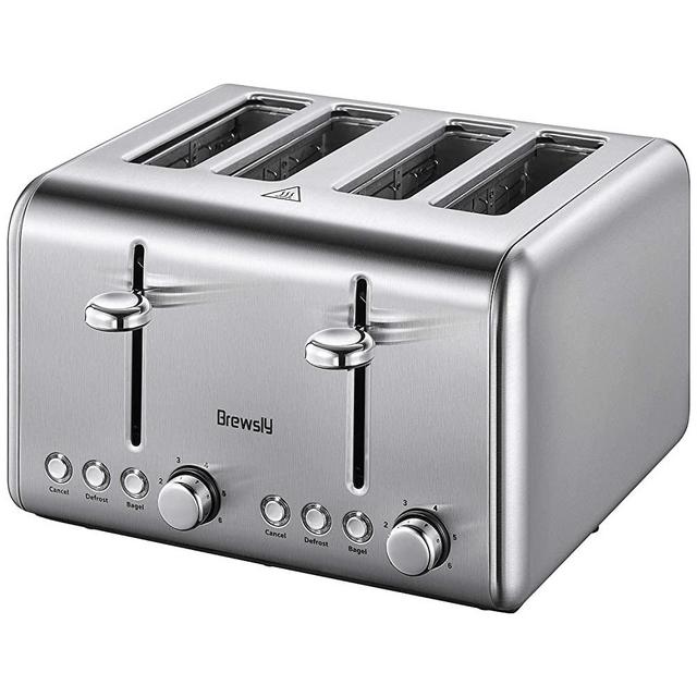 Brewsly 4-Slice Toaster, 1.6inch Extra-Wide Slot Dual Independent Control Toaster with Bagel, Defrost, Cancel Function, 6-Shade Setting&1500W 2-Minutes Quick Heating, 18/10 Stainless Steel