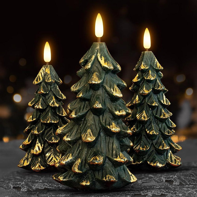 HN HAIINAA Green Christmas Tree Shaped Flameless Candles with Timer, Real Wax 3D Wick Flickering Battery Operated LED Candles for Christmas Home Party Decoration Set of 3