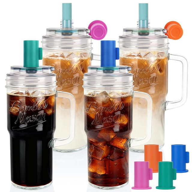 Anotion Mason Jar Cups with Lids and Straw, Leakproof 24oz Glass Tumbler with Handle, Leak-Proof Dustproof Cap, Self-Assembly Silicone Straw, Reusable Iced Coffee Matcha Cup Coffee Gifts for Women 4pc