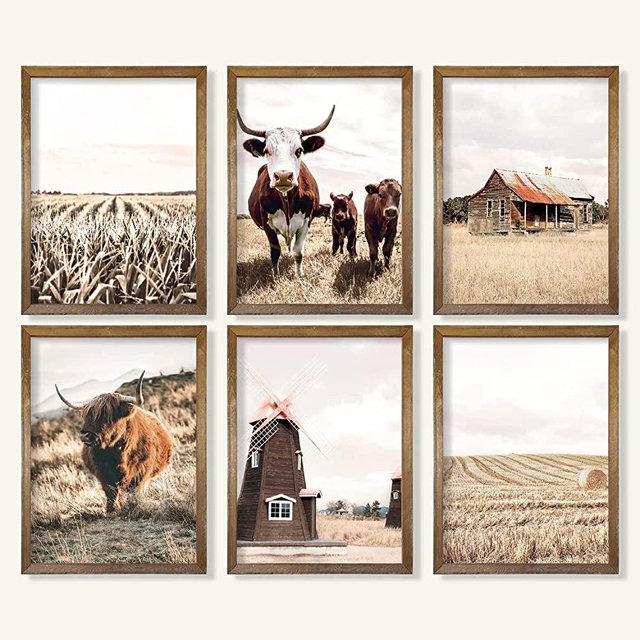 YUMKNOW Farmhouse Cow Wall Decor - Unframed Set of 6, 8x10", Modern Country Highland Cow Pictures for Bathroom, Bedroom Cottage Rustic Art Vintage Posters for Living Room Neutral Cow Decor Stuff Gifts