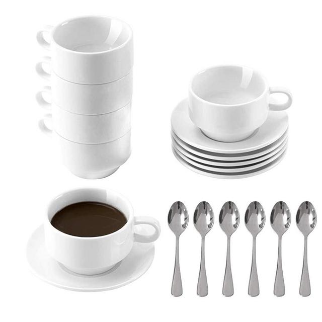 Porcelain Espresso Cups with Saucers and Spoons, DeeCoo 3.5 oz Coffee Cup and Saucer Set, Set of 6 Stackable Espresso Mugs, Small Demitasse Cup with Handle, Tiny Coffee Mugs Set