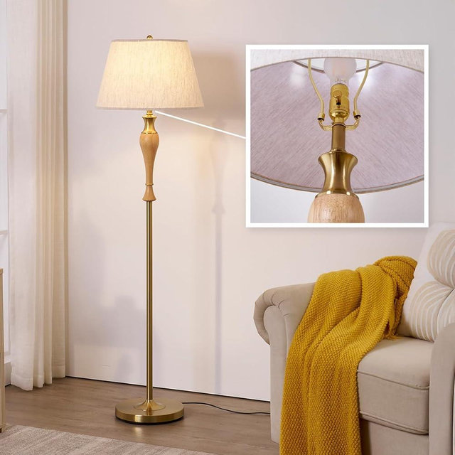 MITELSON Floor Lamp, Mid Century Lamp with Fabric Shade, Modern Standing Lamp with Dimmer Switch and Bulb for Living Room, Rustic Retro Tall Lamp for Bedroom and Office, Home Décor