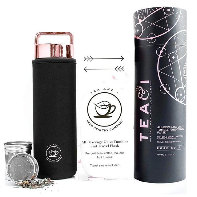 Glass Tea Infuser Bottle | All Beverage Tea Tumbler With Infuser | Travel Tea Mug | Glass Water Bottle Infuser | Eco-Friendly Tea Infuser Bottle | Fresh Tea On The Go With Glass Travel Mug (Rose Gold)