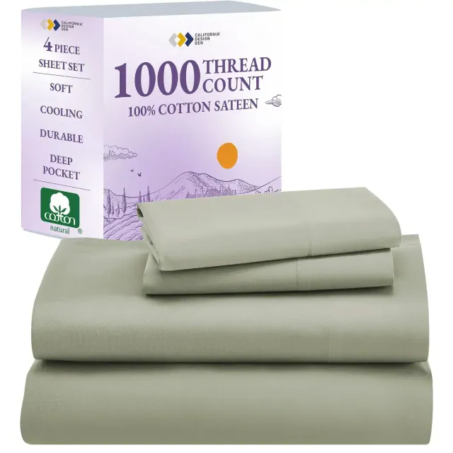 California Design Den Luxury King Size Bed Sheet Set - 1000 Thread Count, 100% Cotton Sateen - Soft, Cool and Thick - Sage Green
