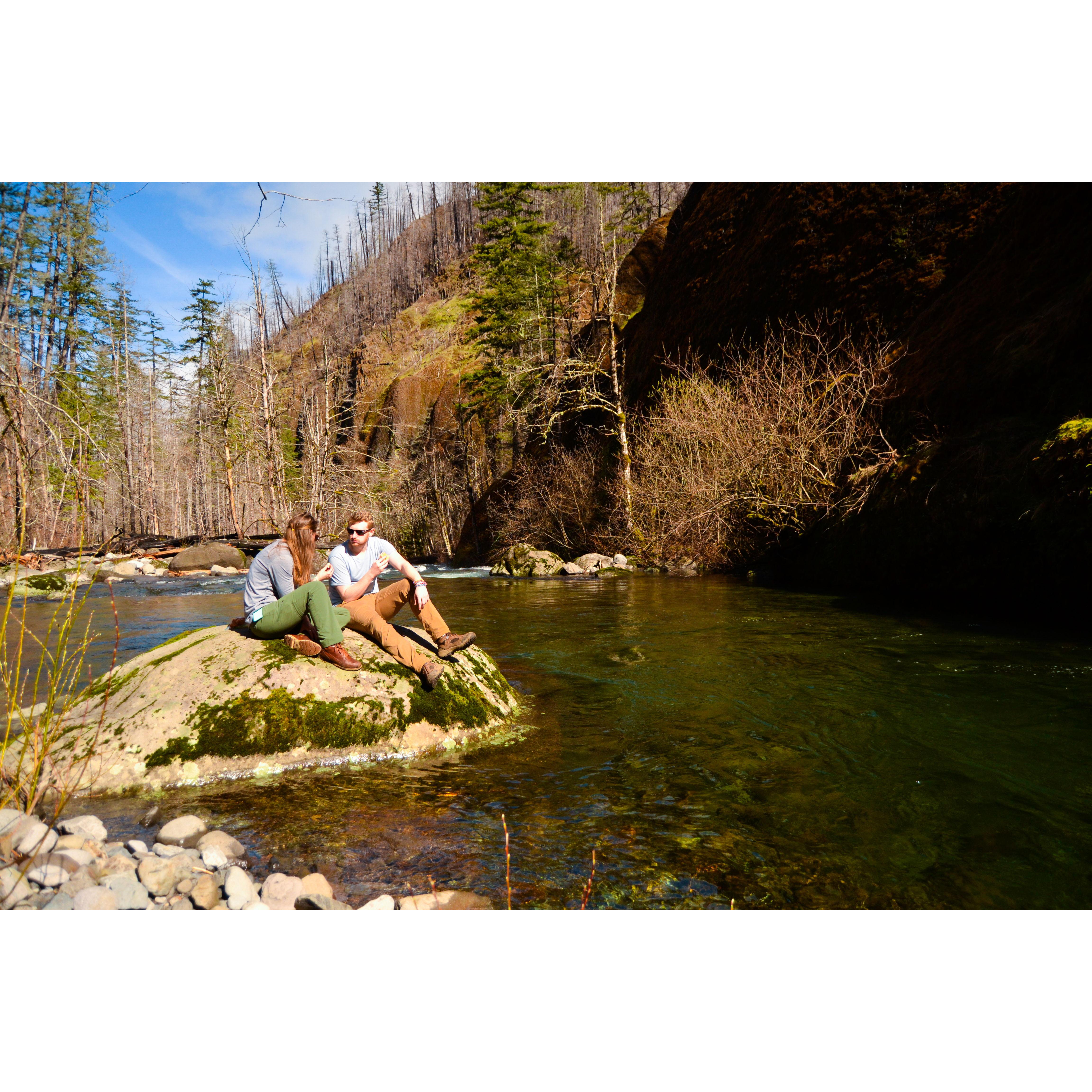 Stopping for lunch on a warm, sunny March hike in the Columbia River Gorge.