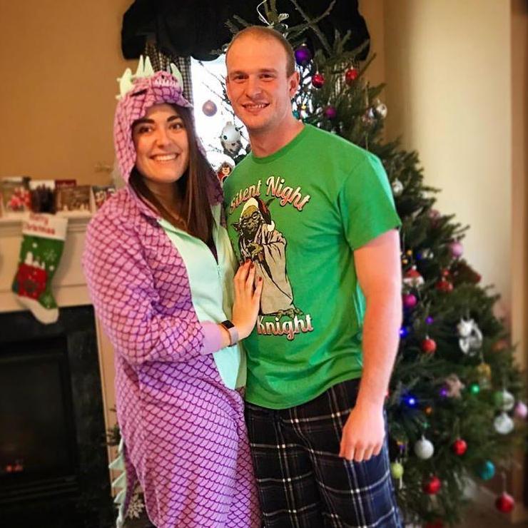 Our first Christmas together Chris got to learn that Mom buys us PJ's that we are required to wear all day!