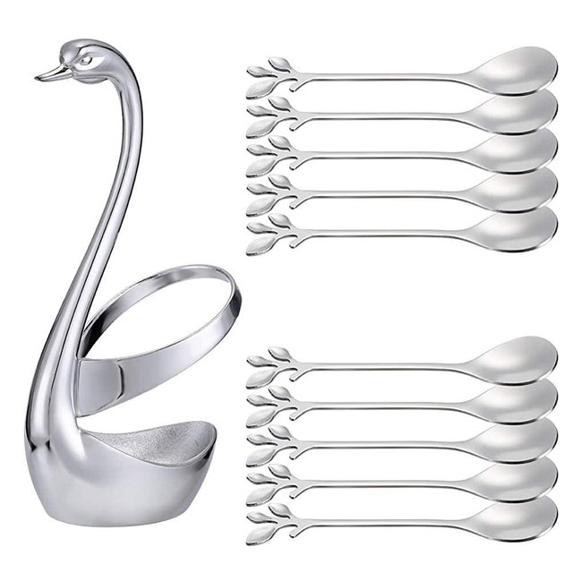 Decorative Swan Base Holder with 10pcs 4.7’’ Coffee Spoon set,AnSaw Creative Silver Leaf Dessert Spoons，Premium Food Grade Stainless Steel,Mirror Finish & Dishwasher Safe (Silver+10Soopn)