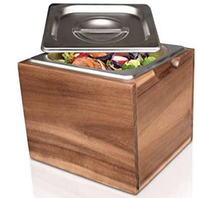 BelleMark Kitchen Compost Bin- 0.8 Gal Smell Proof, Rust Proof Stainless Steel Insert, Countertop Compost Bin with Lid and Acacia Wood Box - Indoor Compost Bin Kitchen Counter