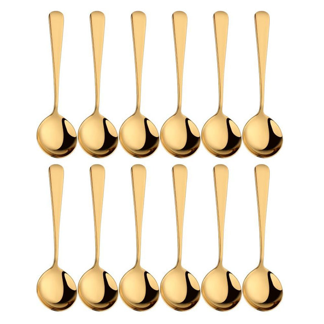 Broth Round Spoon Set, 12-Piece Reusable Stainless Steel Dinner Table Cereal Soup Spoon, Camping Ramen Spoons Gold