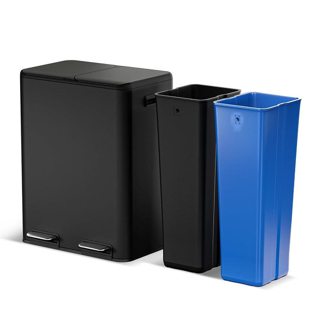 Home Zone Living 15.8 Gallon Kitchen Trash Can with Dual Removable Liners for Recycling and Trash, Stainless Steel Build with Soft and Slow Closing Lid, Black