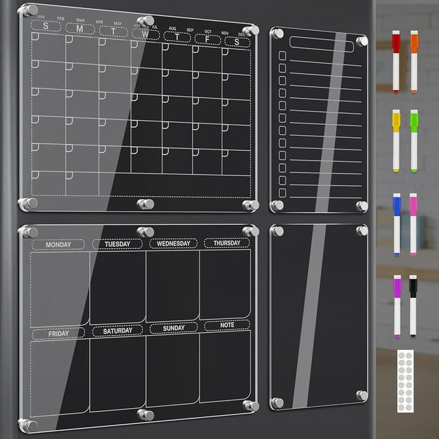 Tmtamye 4 Pack Magnetic Calendar for Refrigerator, Clear Acrylic Calendar for Fridge with 8 Colorful Markers, Fridge Calendar Magnet Easy Erase for Home Kitchen, Office Organization