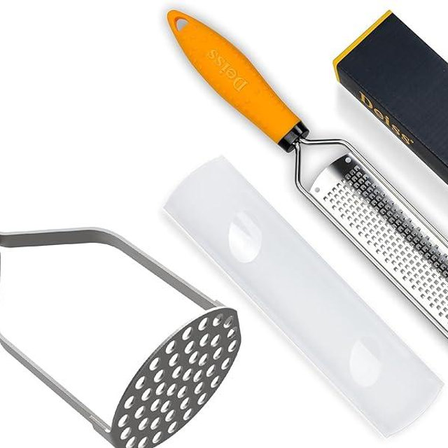 Deiss PRO Lemon Zester & Heavy Duty Cheese Grater and Heavy Duty Stainless Steel Potato Masher with Non-Slip Rubber Handle