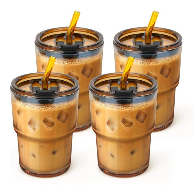 Cafezi 13 oz Glass Tumbler with Glass Straw and Lid, Leak-Proof Reusable Travel Cup for Iced Coffee, Tea, Matcha, Fruit Juice – Thick Wall Clear Water Bottle (Amber, 4 Pack)