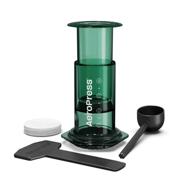 AeroPress Clear Green Single-Serve Coffee Press: Manual 8 oz Capacity, Plastic, Paper Filter, Washable, 1-Year Warranty
