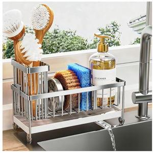Cisily Sponge Holder for Kitchen Sink, Sink Caddy Organizer with High Brush Holder, Kitchen Countertop Organizers and Storage Essentials, Rustproof 304 Stainless Steel (Silver, 9.25″)