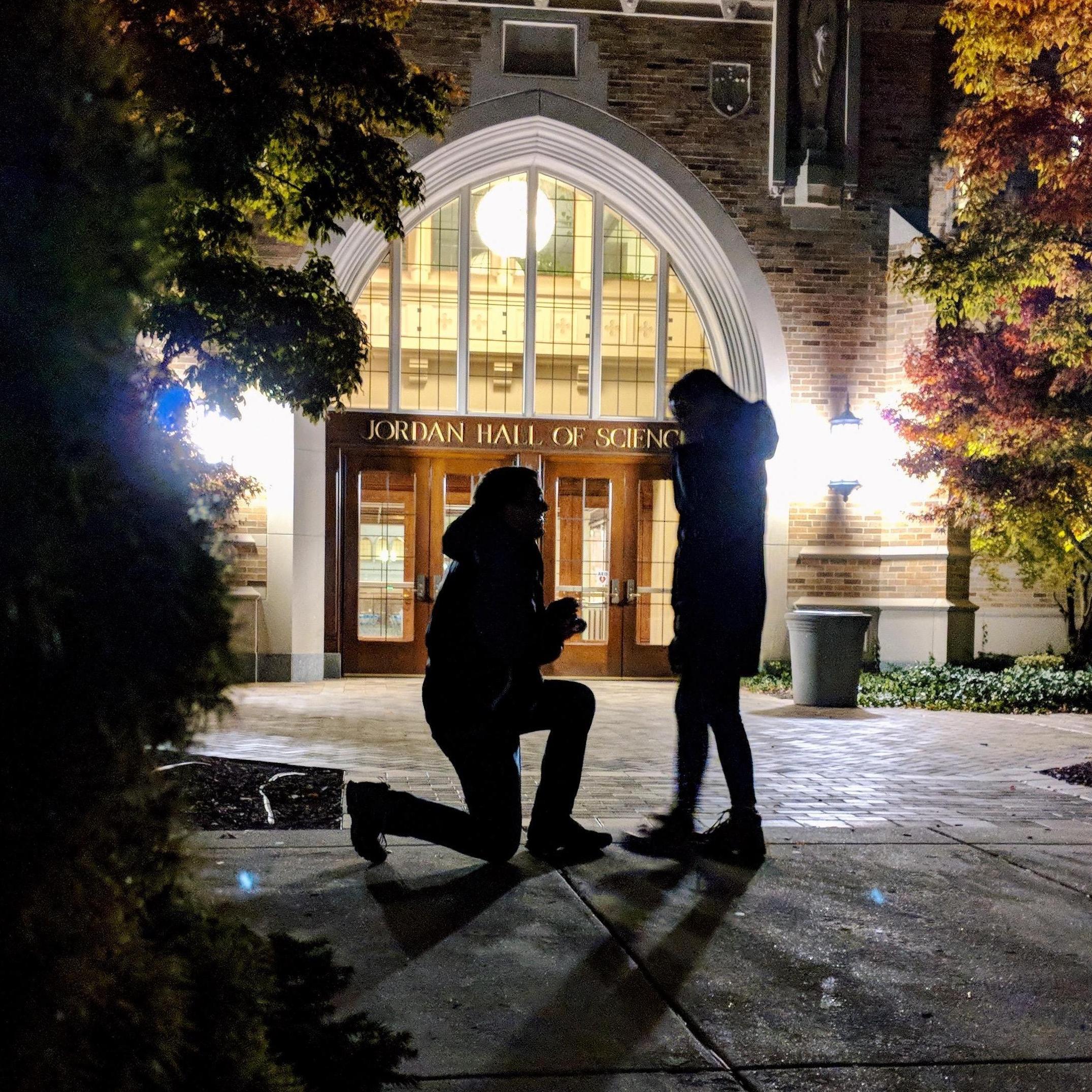 Brad proposed on November 1, 2019 outside Jordan Hall of Science on Notre Dame's campus.
