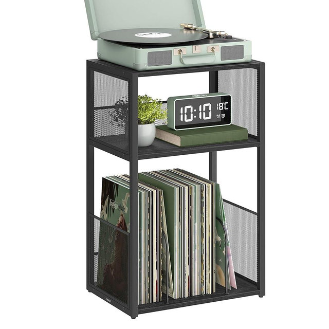 VASAGLE Record Player Stand, 3-Tier Side Table, Vinyl Record Storage up to 100 Albums, End Table for Living Room, Bedroom, Ebony Black ULET275B01