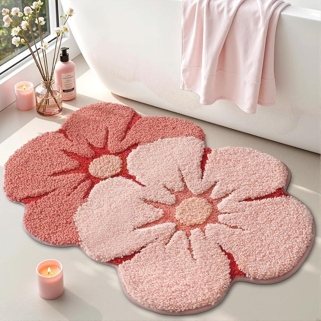 LUMI Flower Bath Rug, Funny Floral Bath Mat, Soft Plush Fluffy Red Rug, Absorbent, Non-Slip for Bathroom, Kitchen Sink, Bedroom, Kid's Bedroom, and Living Room, 24"x36", Bliss Pink