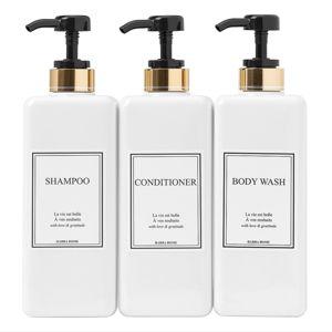 Shampoo and Conditioner Dispenser - Modern Gold Design Large 27oz Shower Soap Dispenser Set of 3, Refillable Empty Plastic Pump Bottles for Bathroom, 6 Waterproof Labels Included, Black