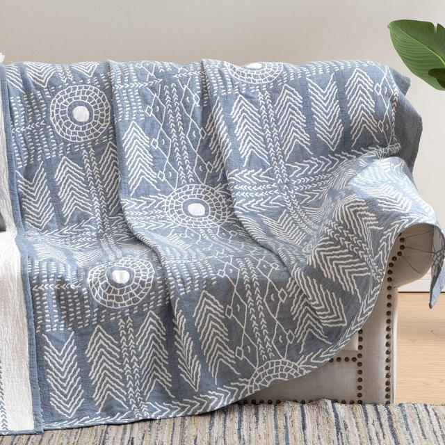 JINCHAN Blue Throw Blanket Cotton Twin Size Blanket Coverlet Summer Blanket for Sofa Couch Decor Boho Blankets Outdoor Accent Throw Geometric Quilt Reversible Mudcloth Throw Year Round 60x80 Inch