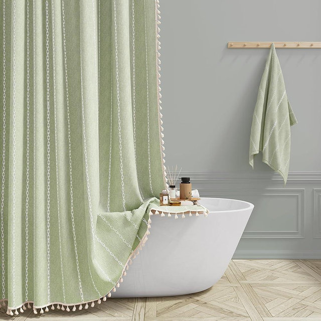 BTTN Boho Long Shower Curtain, 72x78 Inch Long Linen Thick Fabric Shower Curtain Set with Plastic Hooks, Tall Modern Farmhouse Country Neutral Textured Cloth Shower Curtains for Bathroom - Sage Green
