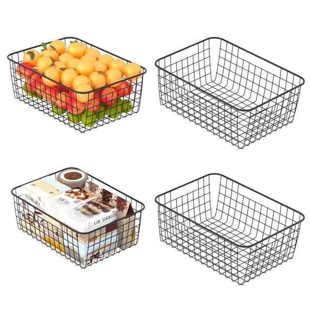 Wire Storage Basket, F-color 4 Pack Metal Household Storage Organizer Bin with 4 Built-in Handles for Pantry, Shelf, Freezer, Kitchen Cabinet, Bathroom, Large Medium, Black