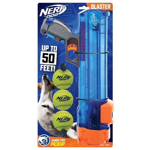 Nerf Dog Compact Tennis Ball Blaster Gift Set with 3 Balls, Great for Fetch, Hands-Free Reload, Launches up to 50 ft, Single Unit, includes 3 Nerf Balls, 4791, Translucent Blue