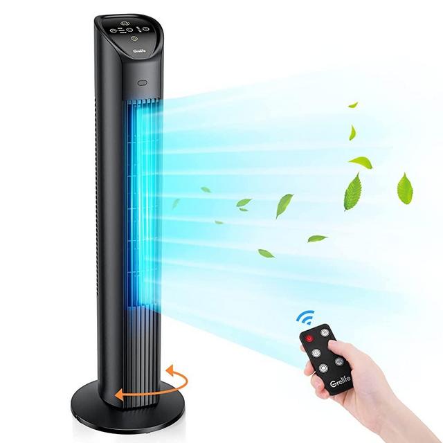 Grelife 36'' Tower Fan with Remote, 75° Oscillating Fan, Bladeless Fan with 3 Modes, 3 Speeds, LED Display with Auto Off, Quiet Cooling Fan with 12H Timer for Bedroom Living Room Office, Black