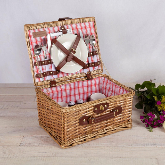 Picnic Time Catalina Picnic Basket for 2 with Red and White Plaid Pattern