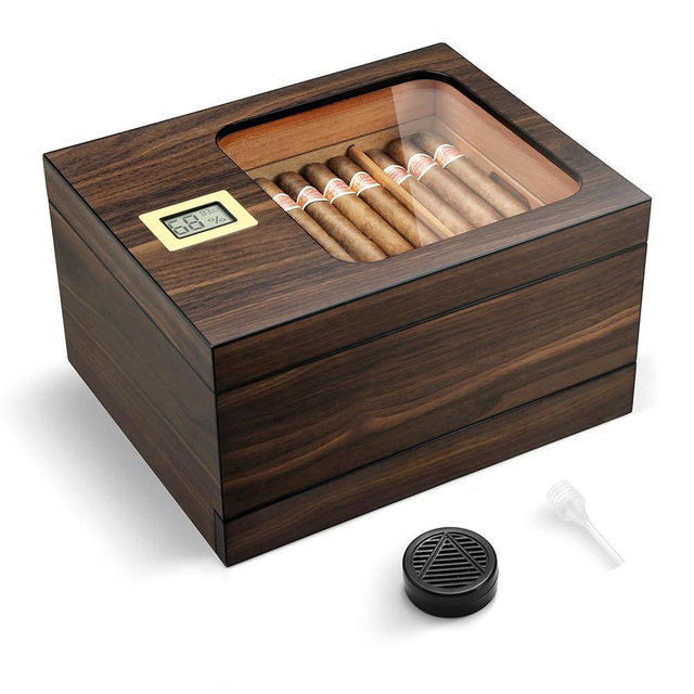 Cigar Humidor, Modern Glass Top Cedar Humidor Cigar Box with Accessory Drawer, Digital Hygrometer,Handcrafted Cedar Wood Tray and Divider, Cigar Case for 30-55 Cigars, Cigar Accessories for Men