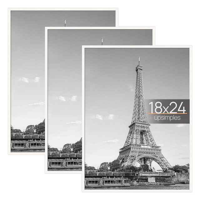 upsimples 18x24 Frame White 3 Pack, Poster Frames 18 x 24 for Horizontal or Vertical Wall Mounting, Scratch-Proof Wall Gallery Photo Frame