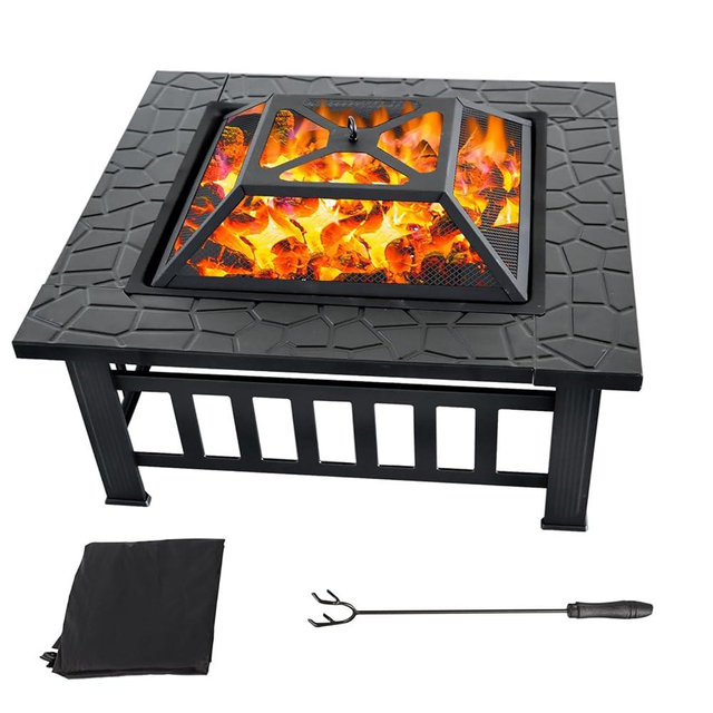 32" Fire Pit Table with Mesh Lid, Wood Burning Fireplace/Firepit with Poker and Accessories