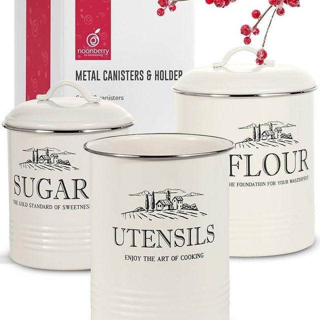 noonberry Canisters for Kitchen Counter, Set of 3 - Airtight Sugar and Flour Containers & Kitchen Utensil Holder, Rustic Farmhouse Canister Set for Kitchen Countertop