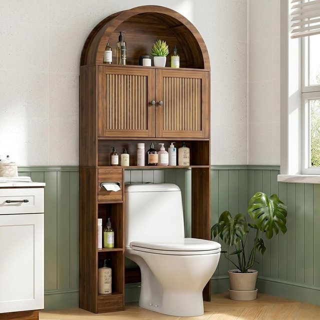 Arched Over The Toilet Storage Cabinet with Fluted Doors, Above Toilet Bathroom Organizer, 4 Tier Bathroom Cabinet Shelves with Toilet Paper Holder, Mid Century Modern Storage Rack, Tall, Wide, Walnut