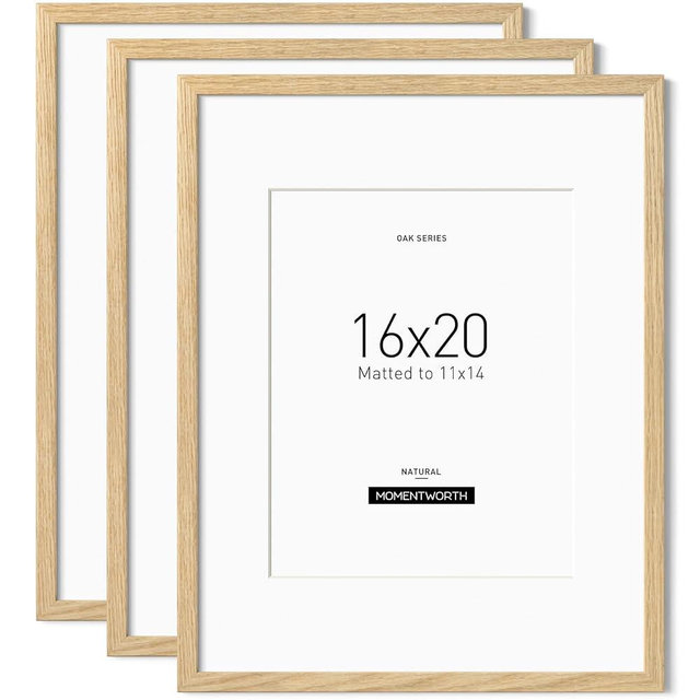 Momentworth 16x20 Frame with Mat for 11x14 set of 3, Solid Oak Wood 16x20 Frames for Horizontal & Vertical Wall Mounting(3 Pack,Oak)